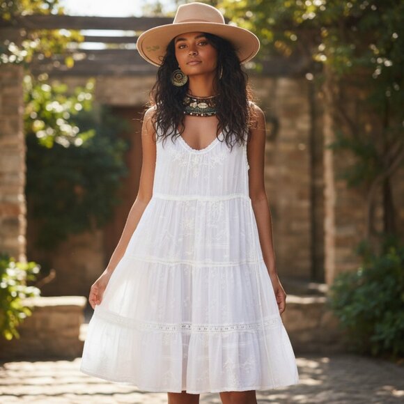 JOHNNY WAS ANTHRO Camilla White Eyelet Lace Dress S Small Embroidered Tiered - Picture 1 of 16